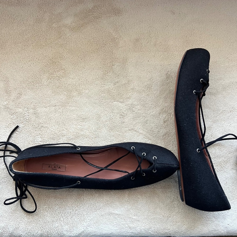 Alaïa Paris Wom 9 EU 39.5 Black Wool Fabric Lace Up Ballet Flat Round Toe Italy